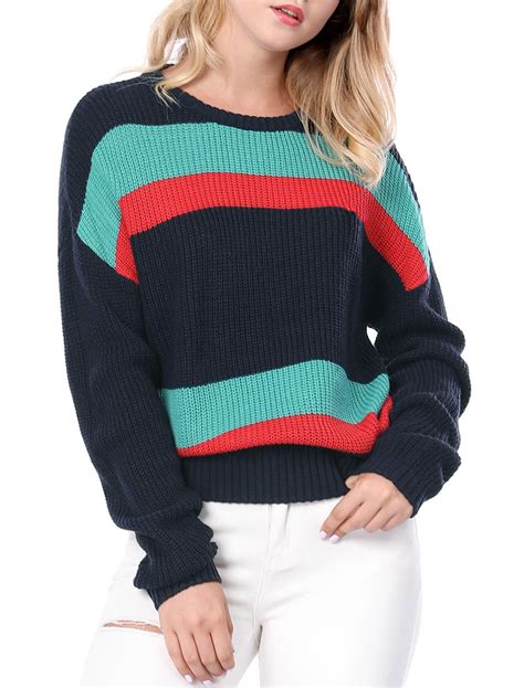 Unique Bargains Unique Bargains Womens Drop Shoulder Color Block Striped Knit Sweater