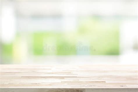 Wood Table Top On Blur White Green Kitchen Window Background Stock