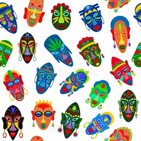 Tribal African Face Masks Vector Illustration Seamless Pattern Set Of