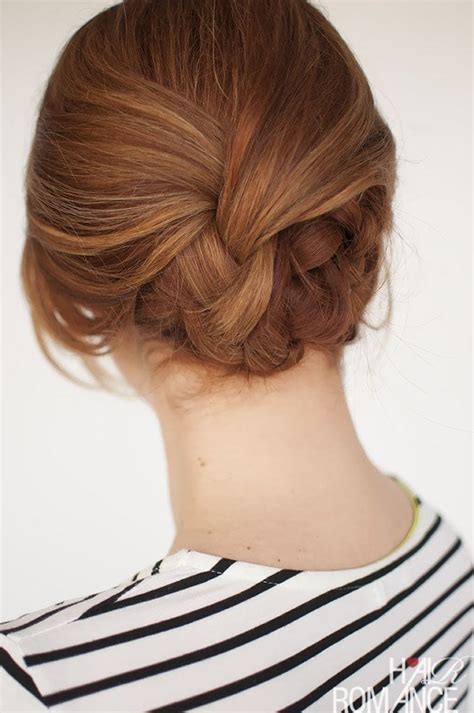 Pull your hair into a low ponytail at the nape of your neck, and then roll the hair upward into a small bun. Easy Updos