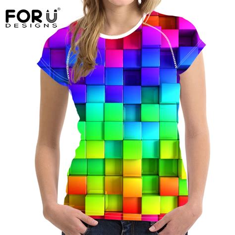 Forudesigns Bright Mixed Color T Shirt For Women Stylish Lady Clothes Fashion Tops Tees Blusa