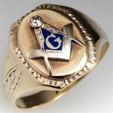 Antique Masonic Mens Diamond And Enamel Ring 10k Gold