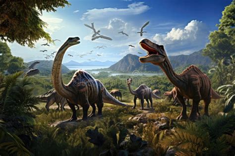 Dinosaurs In The Triassic Period Age In The Green Grass Land And Blue