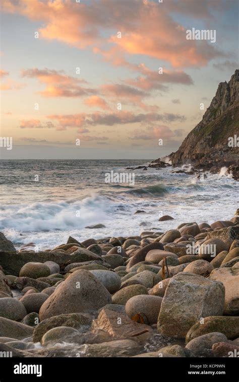 Porth Nanven Beach Nr St Just In West Cornwall At Sunset Stock Photo