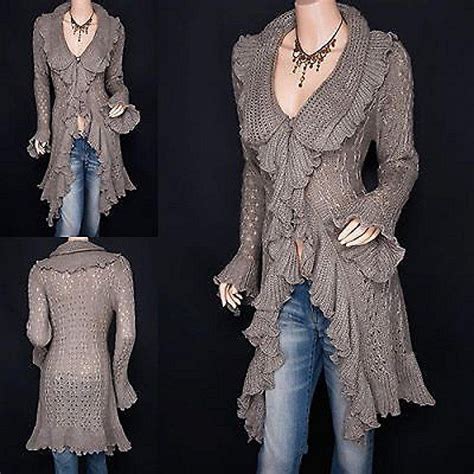 Flounce Ruffles Knit Collared Asym Hem Cardigan Long Sweater Jacket