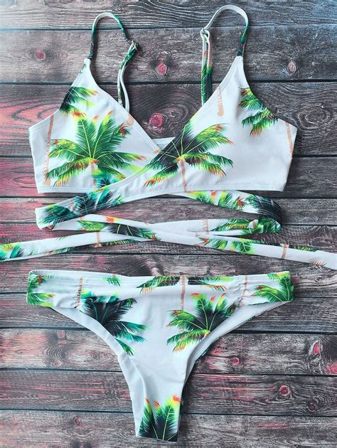 16 49 Palm Tree Print Crossover Bikini Set WHITE S Palm Print