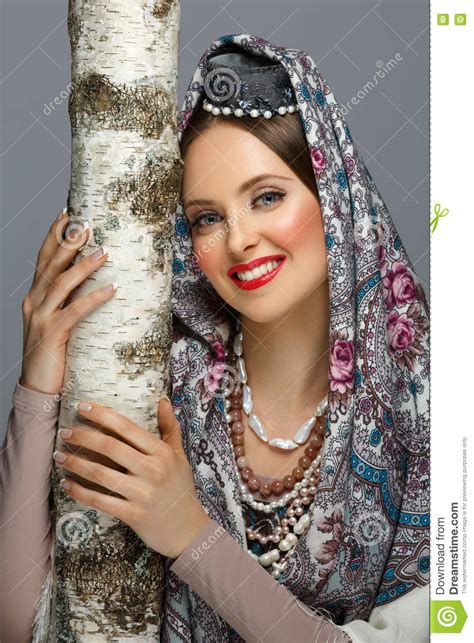 Beautiful Russian Girl In Traditional Clothes Stock Photo