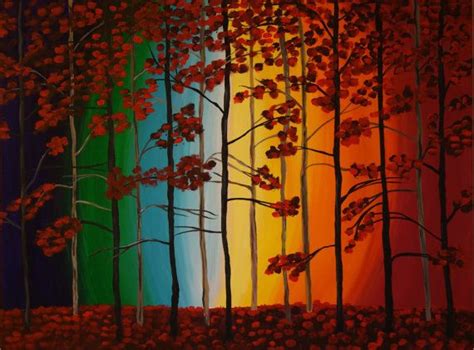 A Painting Of Trees With Rainbows In The Background