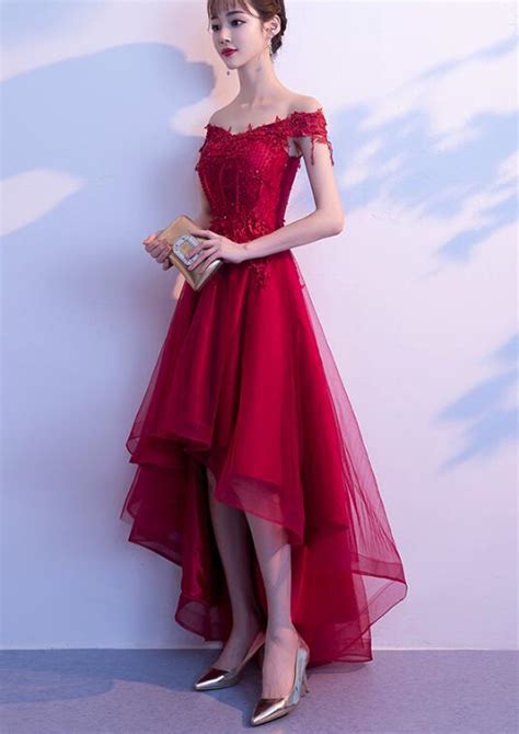 Dark Red High Low Dress Beautiful Tulle And Lace Prom Dress Formal G