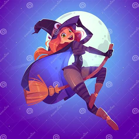 Beautiful Witch Flying On Broom In Night Sky Stock Vector Illustration Of Face Magic 210670683