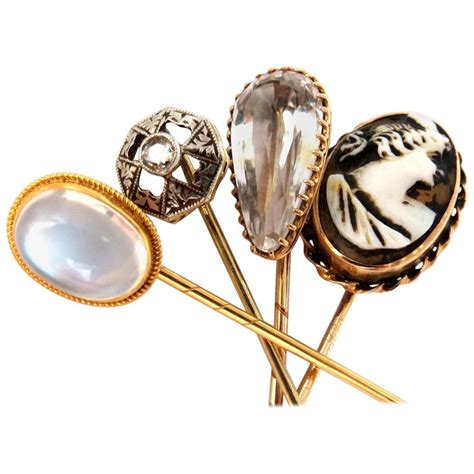 Lot Of 4 14kt Antique Hat Pins Collector Classic Cameo Moonstone