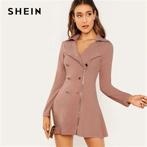 Buy Shein Pink Double Breasted Zip Front Blazer Dress Notched Workwear Plain