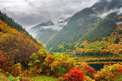 Amazing View Of Mountains In Fog Colorful Fall Forest And Lakes Stock