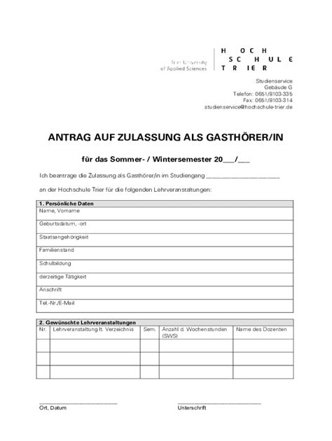 Ausfüllbar Online ANTRAG AUF ZULASSUNG ALS GASTHRER IN Fax Email