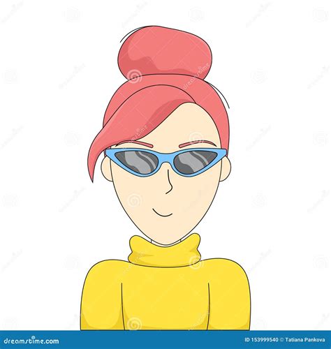 Red Haired Girl In Fashionable Sunglasses Vector Portrait With Stroke