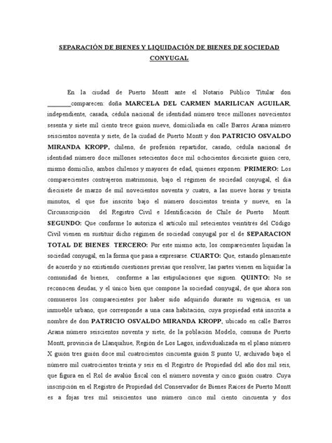 Liquidación De Bienes De Sociedad Conyugal Y Separación Total De Bienes Entre Marcela Marilican