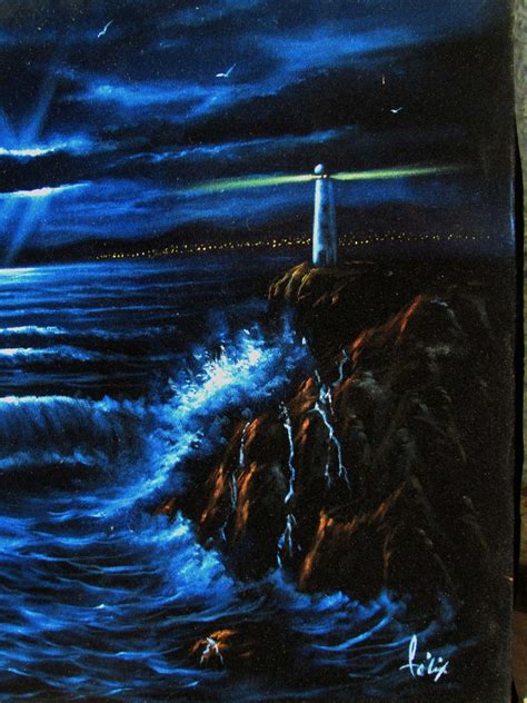 Lighthouse And Storm Seascape Original Oil Painting On Black Velvet