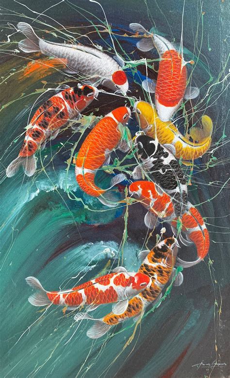 9 Koi Fish Art Fengshui Art Hand Painted Original Oil Koi Painting
