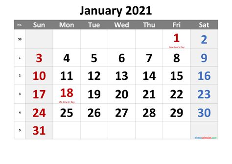 January 2021 Printable Calendar With Holidays