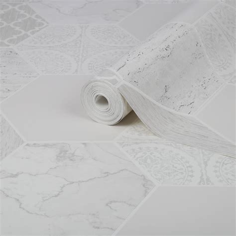 Contour Grey Hexagonal Marble Tile Wallpaper Departments