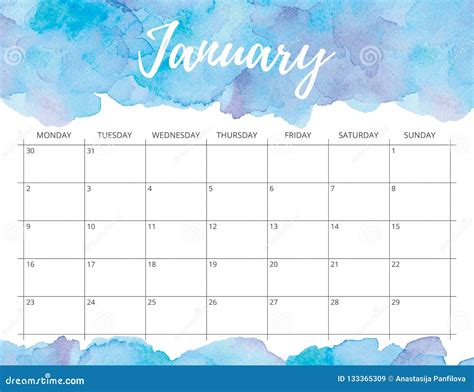 January Watercolor Calendar Stock Illustration Illustration Of Date