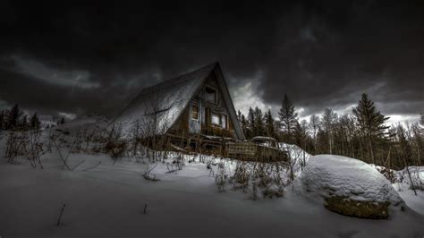 Winter Sky Dark Cabin Snow Forest Abandoned House Landscape