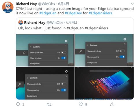 新版edge瀏覽器已支持自定義新建標籤頁的默認背景圖像 Wongcw 網誌
