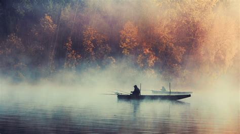 Nature Landscape Trees Water Lake Boat Mist Morning Fisherman