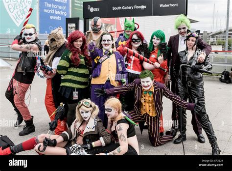 a group of cosplay enthusiasts attending the mcm london comic con at the excel centre stock