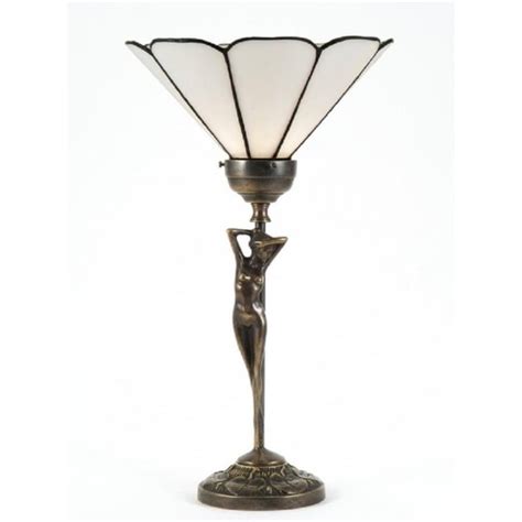 Art Nouveau Aged Brass Table Lamp Nude Female Figure Tiffany Shade