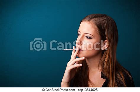 Beautiful Woman Smoking Cigarette Vith Copy Space Beautiful Young