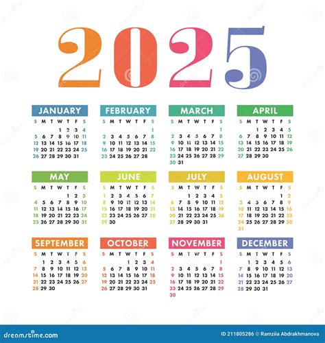 Calendar 2025 Year English Colorful Vector Square Wall Or Pocket