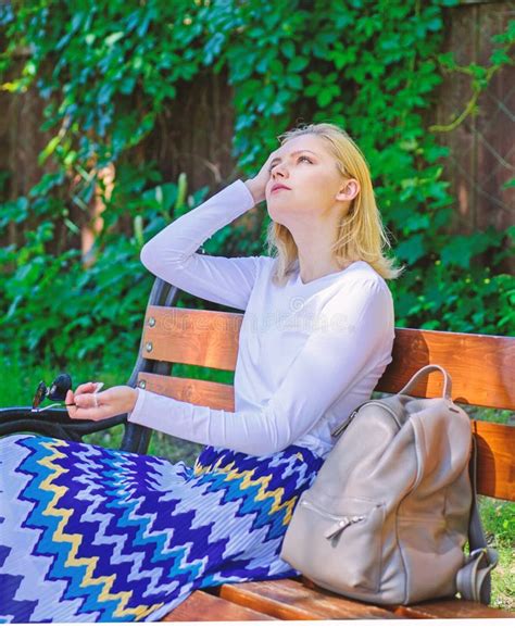 Girl Sit Bench Relaxing In Shadow Green Nature Background Woman Blonde Take Break Relaxing In