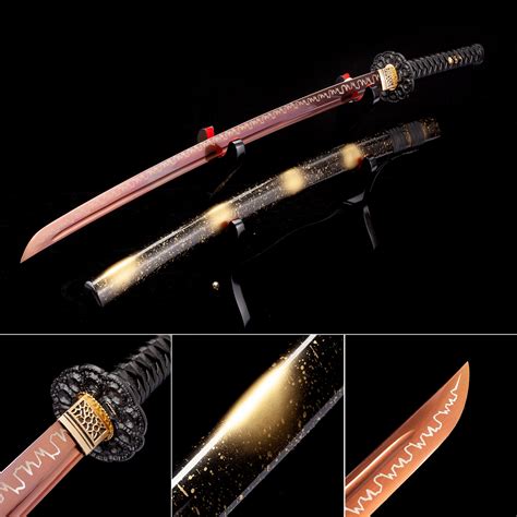 Handmade Manganese Red Blade Wave Theme Japanese Katana Samurai Swords