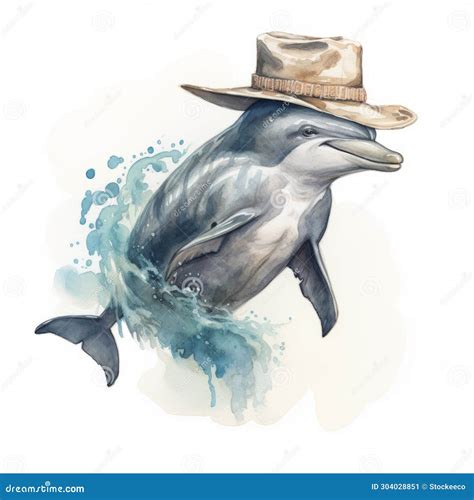 Watercolor Illustration Of A Dolphin In A Cowboy Hat Stock Illustration