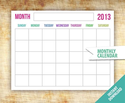 Digital Monthly Calendar Template Printable Blank Calendar Etsy