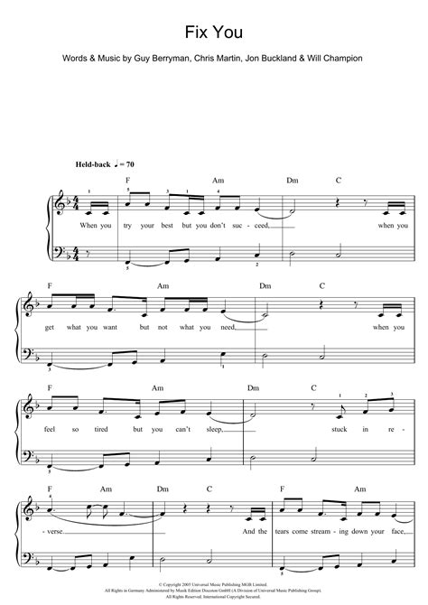 Fix You by Coldplay Sheet Music for Beginner Piano (Abridged) at Sheet