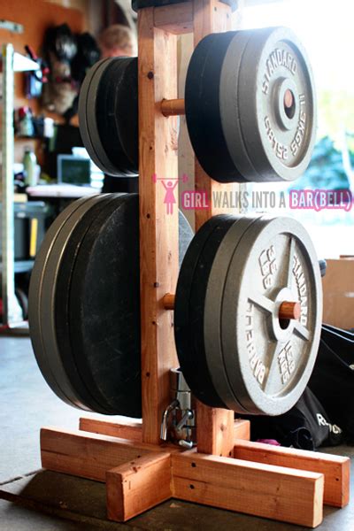 I made a diy weight rack to accommodate our collection of plates and barbells. DIY Plate Storage Projects - Garage Gym Organization