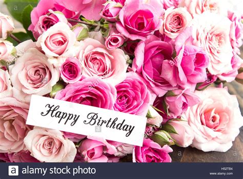 Whether you grow vegetables or flowers, growing and caring for plants is very soothing and rewarding. Happy Birthday Card with Bouquet of Pink Roses Stock Photo ...