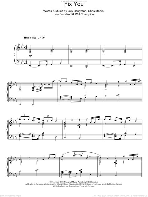 Coldplay Fix You Intermediate Sheet Music For Piano Solo
