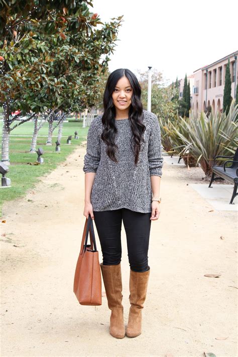 Grey Marled Sweater Outfit Tall Suede Boots 01 - Putting Me Together