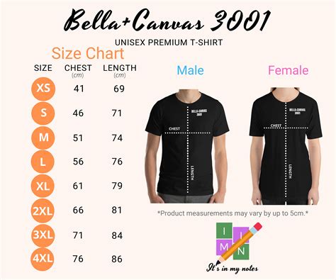 Bella Canvas 3001 Unisex Premium T Shirt Size Chart Etsy
