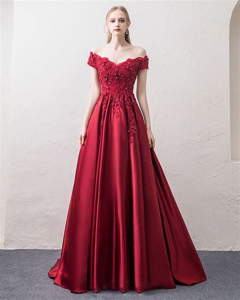 Off Shoulder Wine Red A Line Satin Long Formal Dresses Prom Gown With Lace Pl3390 Formal Prom