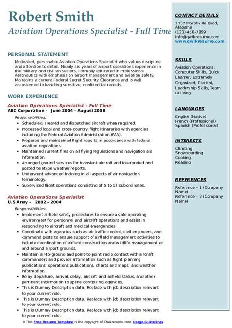 Aviation Operations Specialist Resume Samples Qwikresume