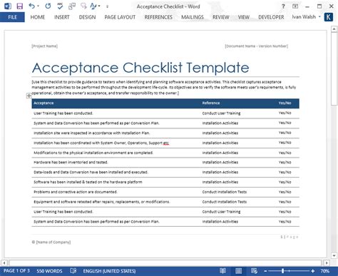 Software Testing Acceptance Checklist Template