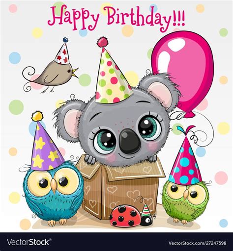 Birthday Card With Cute Koala In The Box And Owls With Balloon And