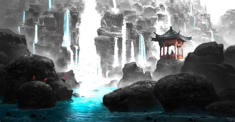 Desktop Wallpaper Rocks Waterfall Nature Anime Original Hd Image