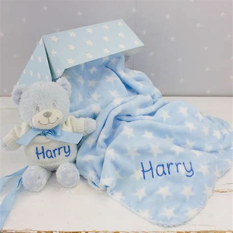 Personalised Baby Boy Teddy Bear And Blanket Set Heavensent Baby Ts