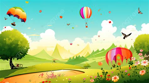 Green Scene With Hot Air Balloons Background Summer Season Pictures