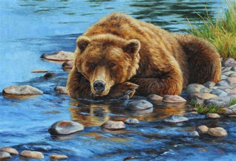 Riverside Relaxation Oil Cliff Rossberg Bear Paintings Bear Art